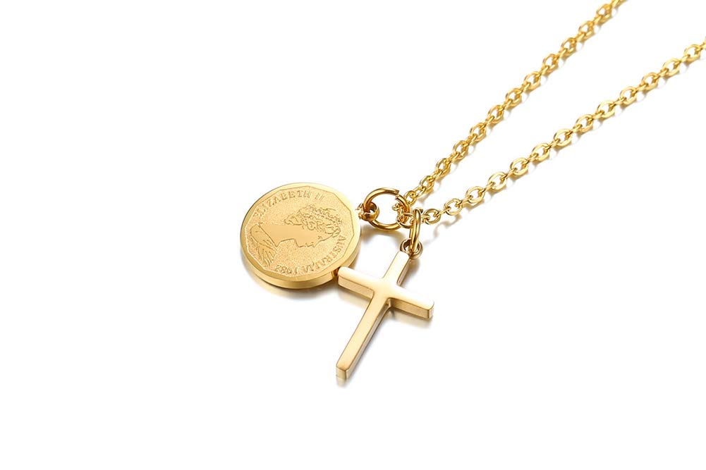 Rockyu クロス＆コインペンダント レディースネックレス ステンレス製 18Kゴールド仕上げ