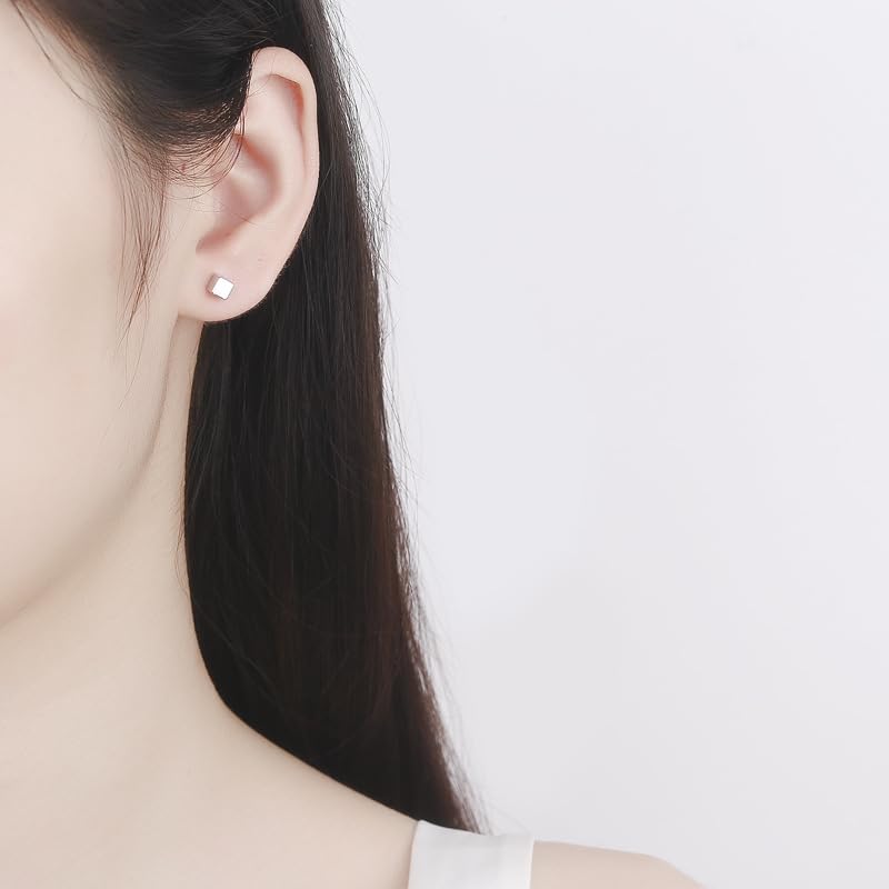 Rockyu シルバー925 キューブスクエア スタッドピアス スクリューバック