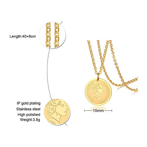 Rockyu ネックレス レディース ゴールド チタン コイン メダルペンダント エリザベス 鎖骨チェーン