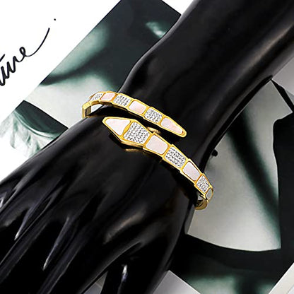 Rockyu 蛇モチーフ チタン製バングル レディース – ジルコニア×シェルの華やかブレスレット（3色展開）