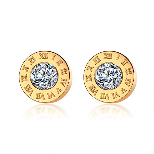 Rockyu レディースピアス ステンレス製 一粒ダイヤ＆ローマ数字刻印 スタッドタイプ
