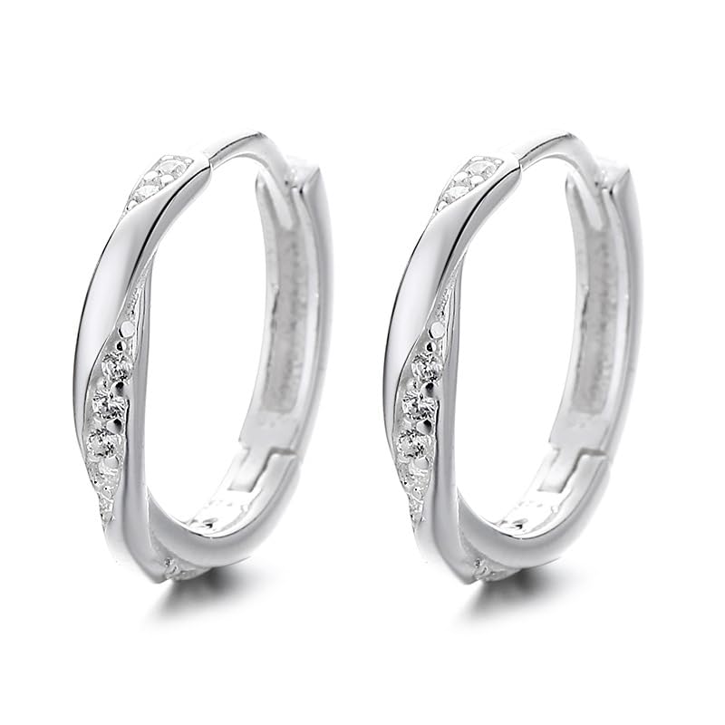 Rockyu ピアス レディース シルバー925 フープ 六角形＆ツイスト 小さめ ジルコニア 男女兼用