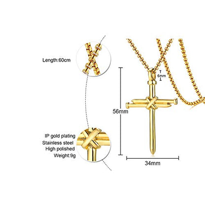 Rockyu ネックレス メンズ クロス 釘デザイン ステンレス製 金属アレルギー対応