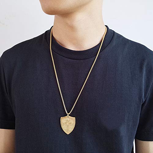 Rockyu シールドクロス ネックレス メンズ ステンレス 経文刻印 十字架ペンダント