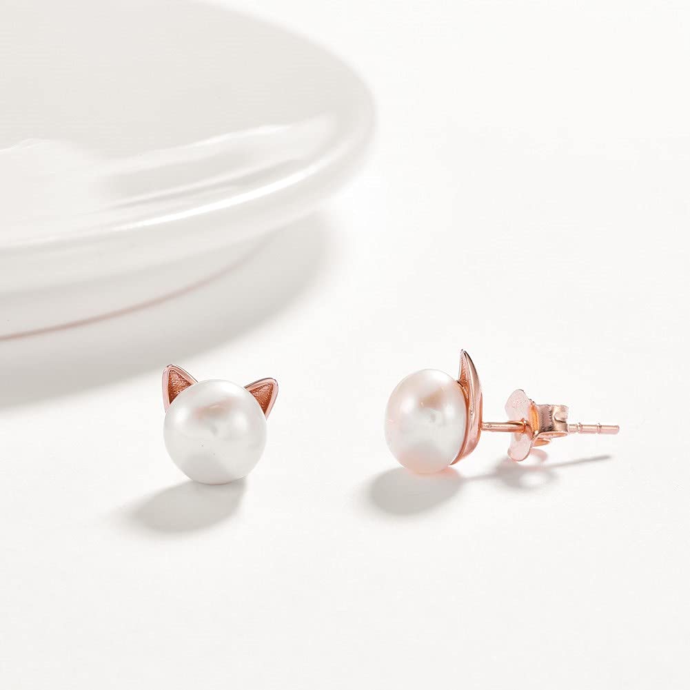 Rockyu ピアス レディース パール 猫耳 ピンクゴールド シルバー925 スタッド 淡水真珠 アレルギー対応