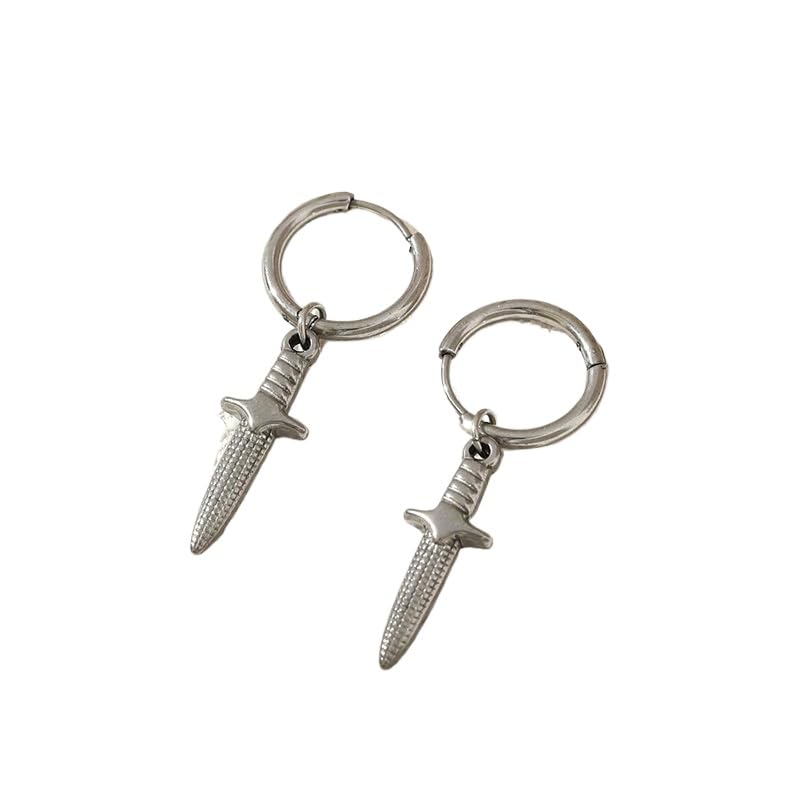 Rockyu ピアス メンズ シルバー ナイフモチーフ ステンレス 揺れる フープピアス 金属アレルギー対応