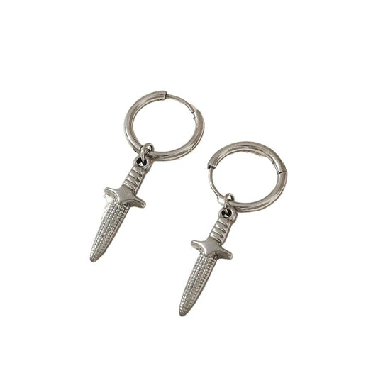 Rockyu ピアス メンズ シルバー ナイフモチーフ ステンレス 揺れる フープピアス 金属アレルギー対応