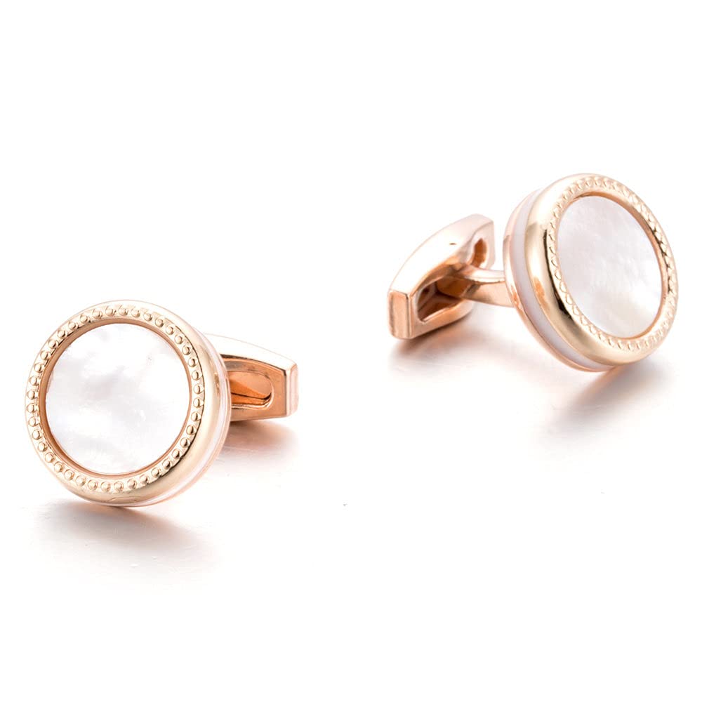Rockyu メンズ 白蝶貝カフス ピンクゴールド ラウンドデザイン ステンレス製
