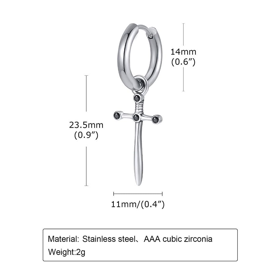 Rockyu ピアス メンズ ステンレス フープ クロス＆モチーフ シルバー ブラックジルコニア ヴィンテージ風