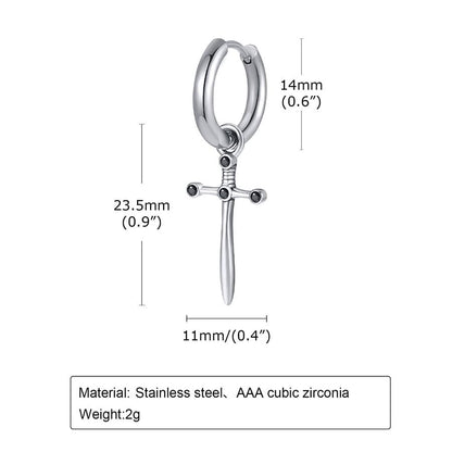 Rockyu ピアス メンズ ステンレス フープ クロス＆モチーフ シルバー ブラックジルコニア ヴィンテージ風