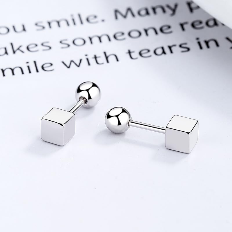 Rockyu シルバー925 キューブスクエア スタッドピアス スクリューバック