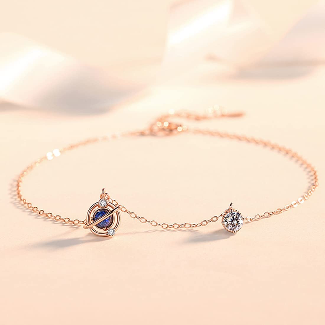 惑星モチーフアンクレット｜サファイア風×ジルコニア×シルバー925｜宇宙デザイン