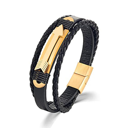 Rockyu ブレスレット メンズ 本革 多重編み込み 矢印モチーフ ゴールド＆シルバー アジアン風