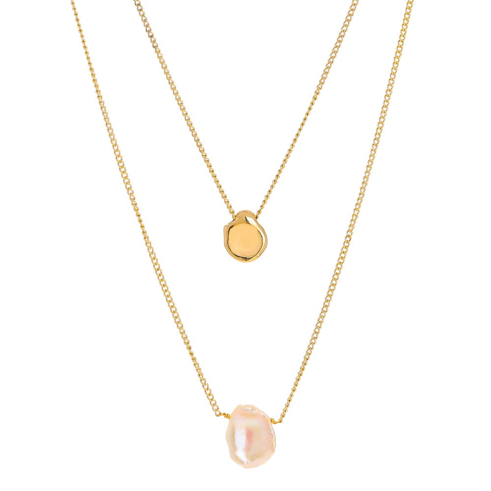 Rockyu ネックレス レディース ゴールド 18金 二連チェーン パールネックレス 不規則 真珠 喜平チェーン おしゃれ 可愛い ステンレス 金属アレルギー対応 プレゼント アクセサリー