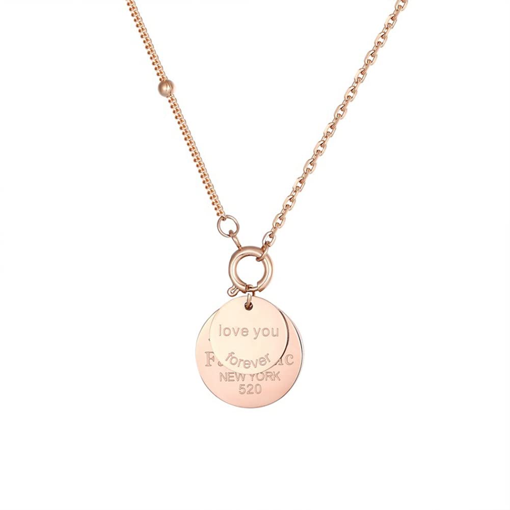 Rockyu レディース ネックレス 2連コインペンダント ピンクゴールド 刻印入り アレルギー対応 かわいい鎖骨チェーン