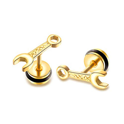 Rockyu メンズ スパナピアス ステンレス製 レンチモチーフ ブラック＆ゴールド 金属アレルギー対応