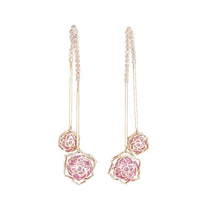 Rockyu ピアス レディース 人気 揺れる ジルコニア シルバー925 花デザイン ロングピアス キラキラ 小顔効果