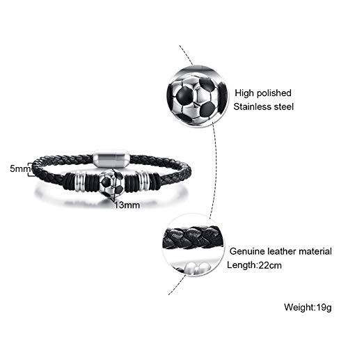Rockyu メンズ 本革サッカーモチーフブレスレット ブラック 編み込みレザー 2サイズ展開