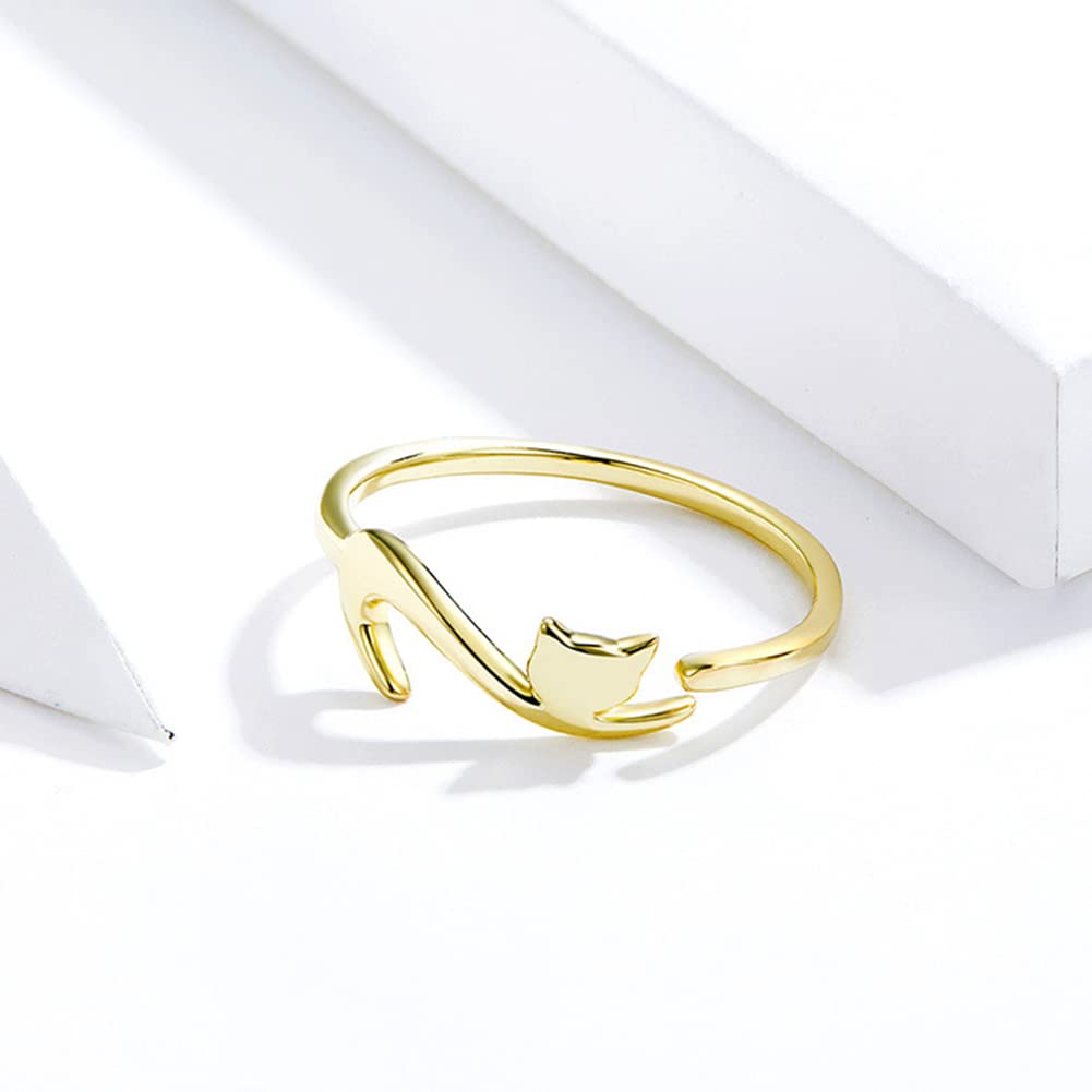 Rockyu 猫リング レディース シルバー925 フリーサイズ シンプル 可愛い ネコモチーフ 金属アレルギー対応