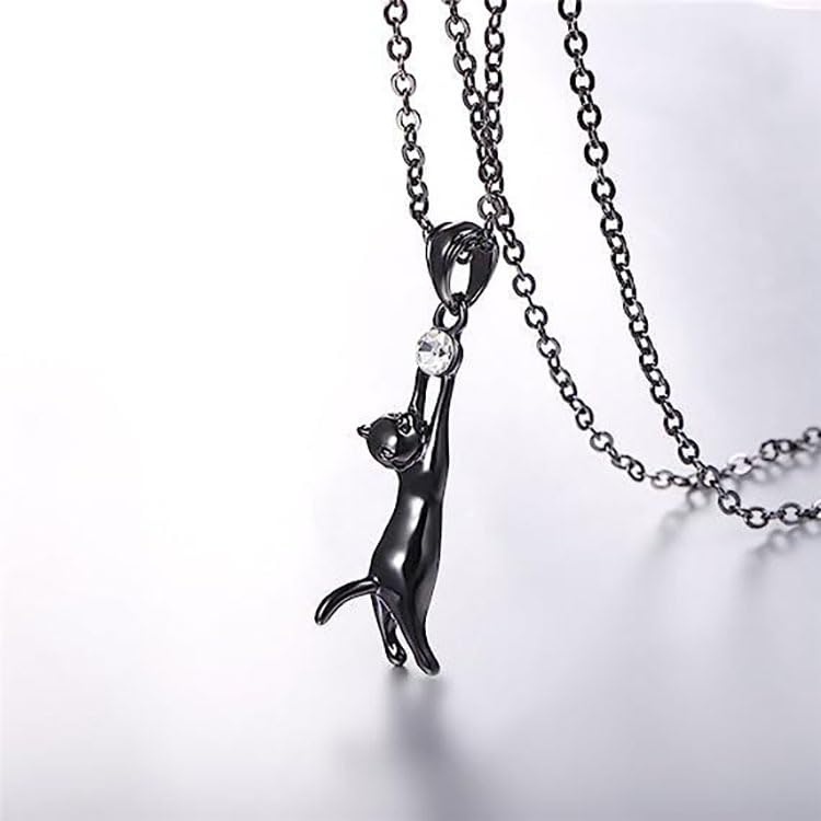 Rockyu ネックレス レディース 猫モチーフ ジルコニア付き ブラック＆シルバー ペンダント
