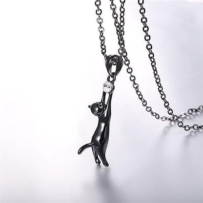 Rockyu ネックレス レディース 猫モチーフ ジルコニア付き ブラック＆シルバー ペンダント