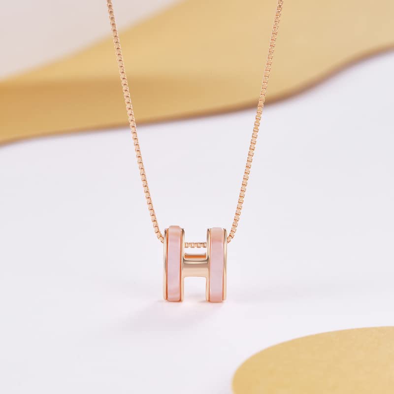 Rockyu レディース Hモチーフネックレス ピンクゴールド＆ホワイト 白蝶貝 S925銀