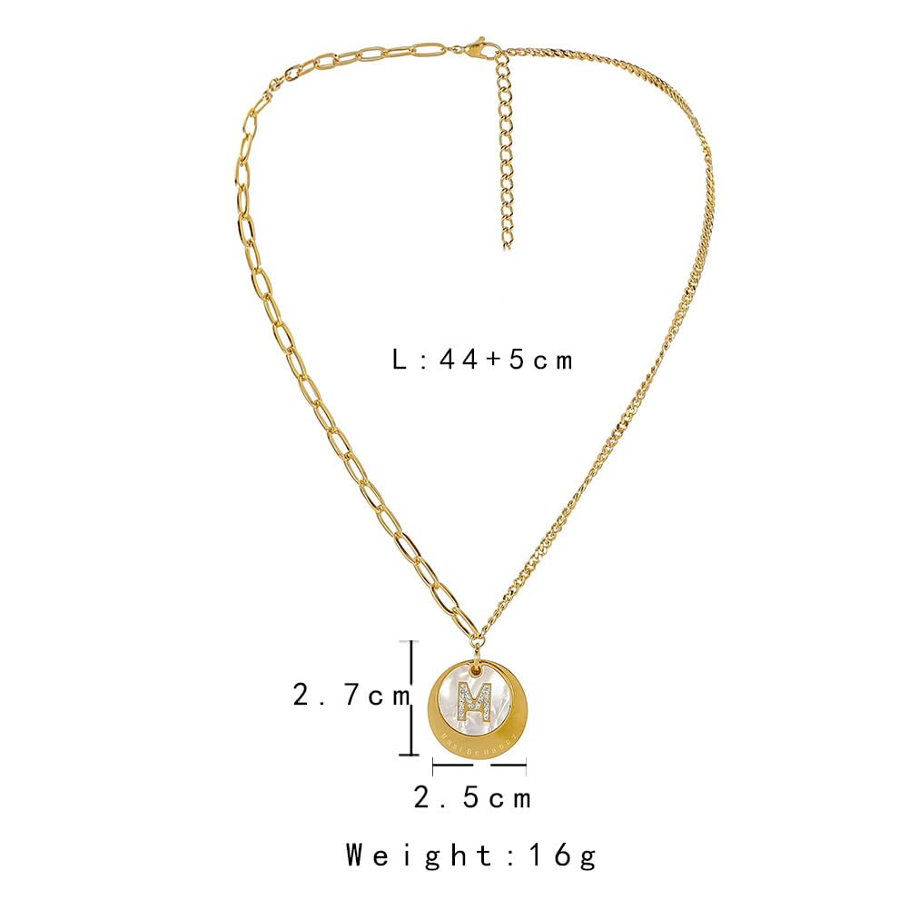 Rockyu レディースコインネックレス ゴールド 貝母風 円形ペンダント Mモチーフ ステンレス製 鎖骨チェーン 記念日 プレゼント