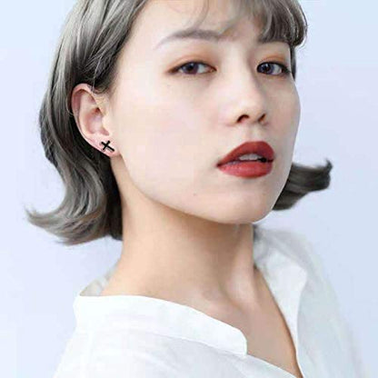 Rockyu ピアス メンズ レディース 十字架 クロス ブラック フープ リングピアス アクセサリー