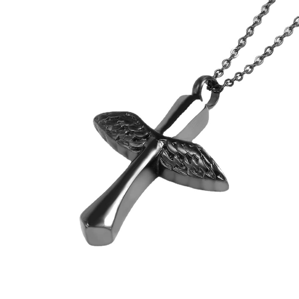 Rockyu メモリアルネックレス レディース メンズ 天使の翼 クロス 遺骨ペンダント あずきチェーン チタン 金属アレルギー対応