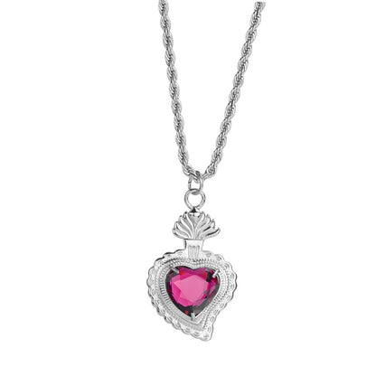 Rockyu ネックレス メンズ レディース シルバー ロープチェーン 50cm+5cm ハートネックレス グリーン/ブルー/レッド/イエロー/ホワイト チタン 金属アレルギー対応 ペンダント アクセサリー