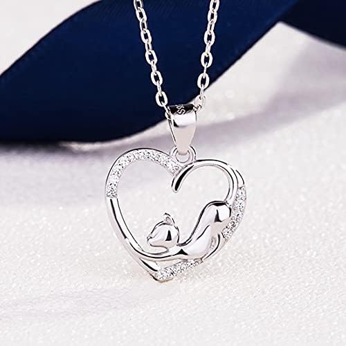 Rockyu 猫モチーフ ネックレス レディース 925純銀 ハートペンダント キュービックジルコニア