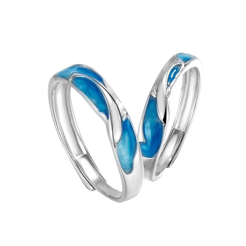 Rockyu ペアリング シルバー925 海豚モチーフ ブルーエナメル 永遠の愛