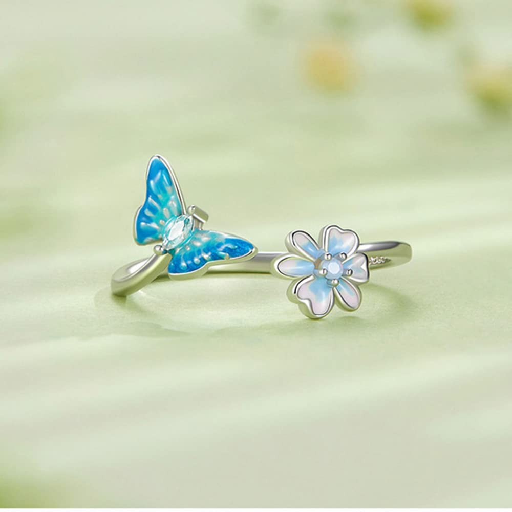 Rockyu レディース バタフライリング シルバー925 蝶モチーフ ジルコニア 花デザイン フリーサイズ 金属アレルギー対応