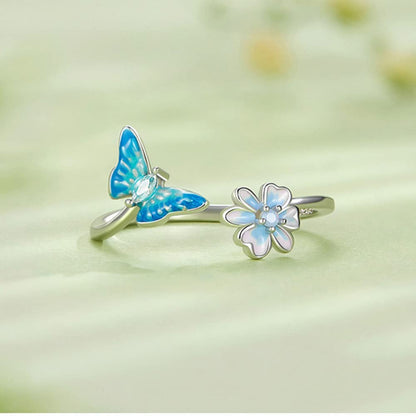 Rockyu レディース バタフライリング シルバー925 蝶モチーフ ジルコニア 花デザイン フリーサイズ 金属アレルギー対応