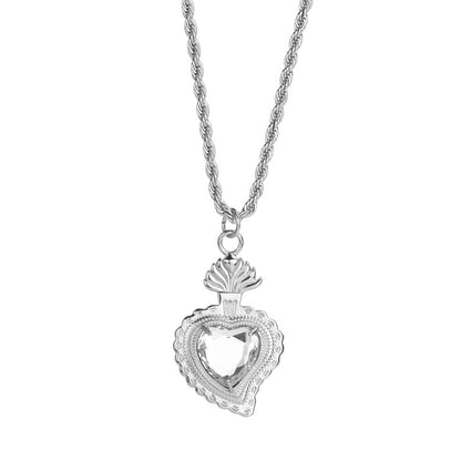 Rockyu ネックレス メンズ レディース シルバー ロープチェーン 50cm+5cm ハートネックレス グリーン/ブルー/レッド/イエロー/ホワイト チタン 金属アレルギー対応 ペンダント アクセサリー