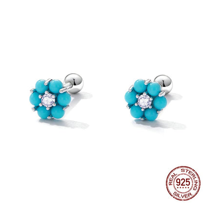 Rockyu フラワーピアス レディース 小さめ トルコ石風 ジルコニア シルバー925 金属アレルギー対応