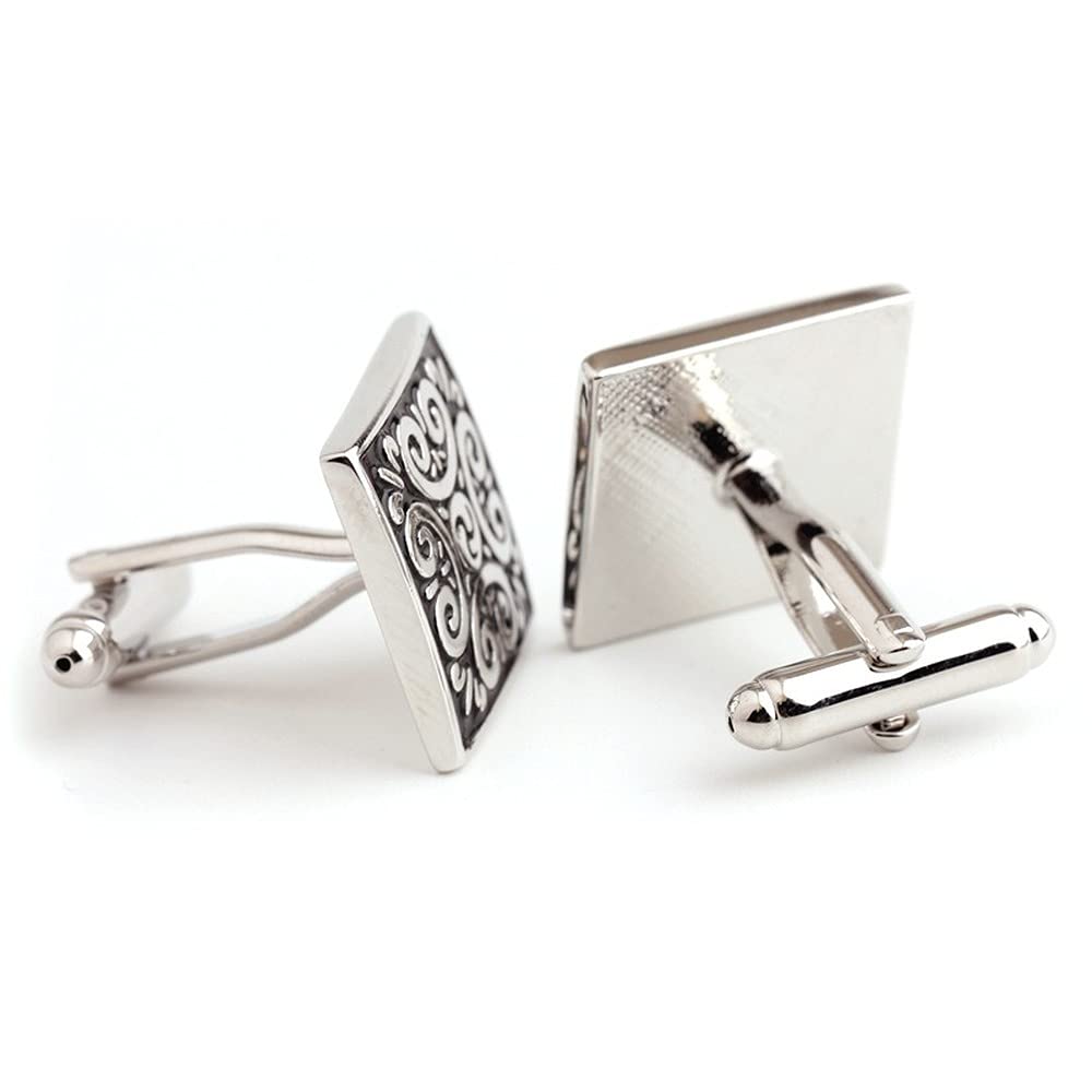 Rockyu カフスボタン メンズ 正方形 花模様 シルバー ゴールド ブラック 和風 アンティーク調