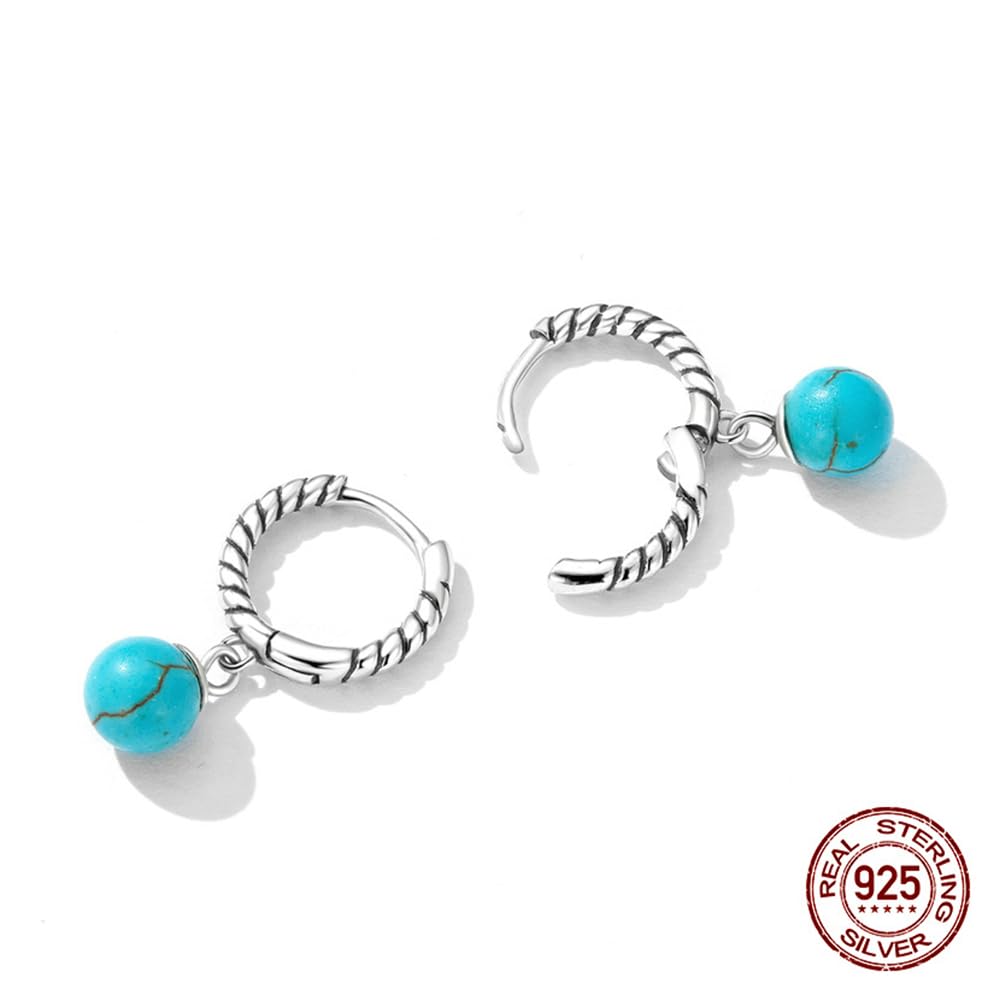 Rockyu シルバー925 ターコイズボール フープピアス（ツイストデザイン・両耳用）