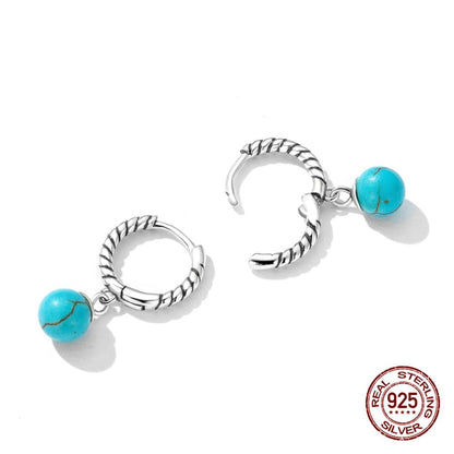 Rockyu シルバー925 ターコイズボール フープピアス（ツイストデザイン・両耳用）