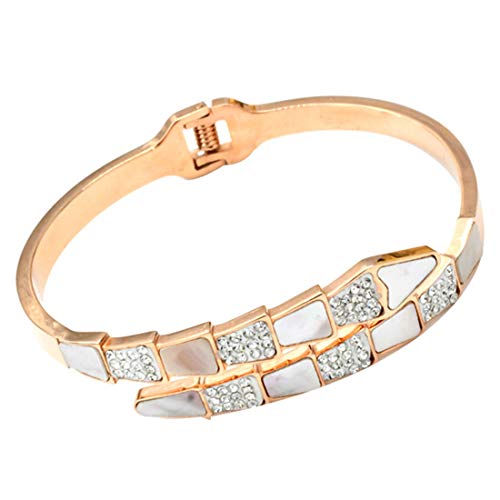 Rockyu 蛇モチーフ チタン製バングル レディース – ジルコニア×シェルの華やかブレスレット（3色展開）