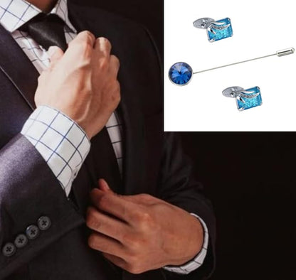 Rockyu カフスボタン メンズ シルバー ブルークリスタル 袖口 ピンブローチ