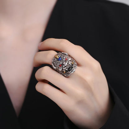 Rockyu 貔貅モチーフ シルバーリング 太めデザイン フリーサイズ メンズアクセサリー