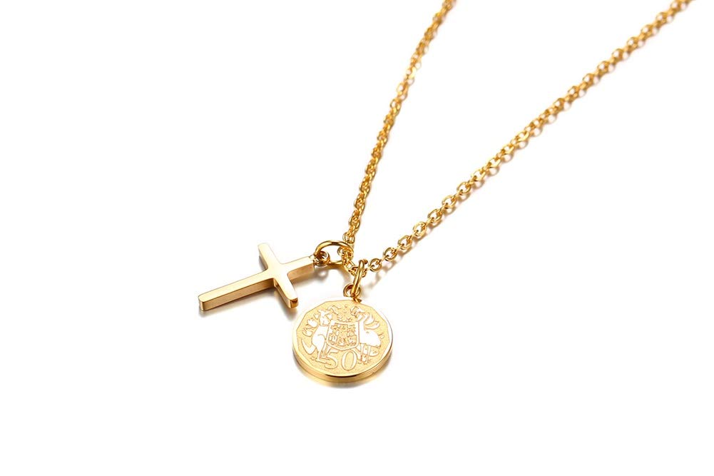 Rockyu クロス＆コインペンダント レディースネックレス ステンレス製 18Kゴールド仕上げ