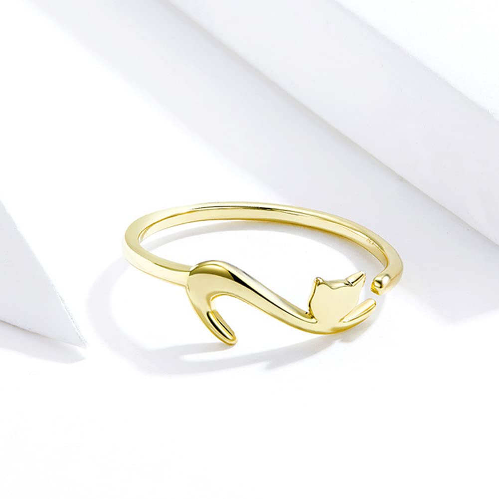 Rockyu 猫リング レディース シルバー925 フリーサイズ シンプル 可愛い ネコモチーフ 金属アレルギー対応