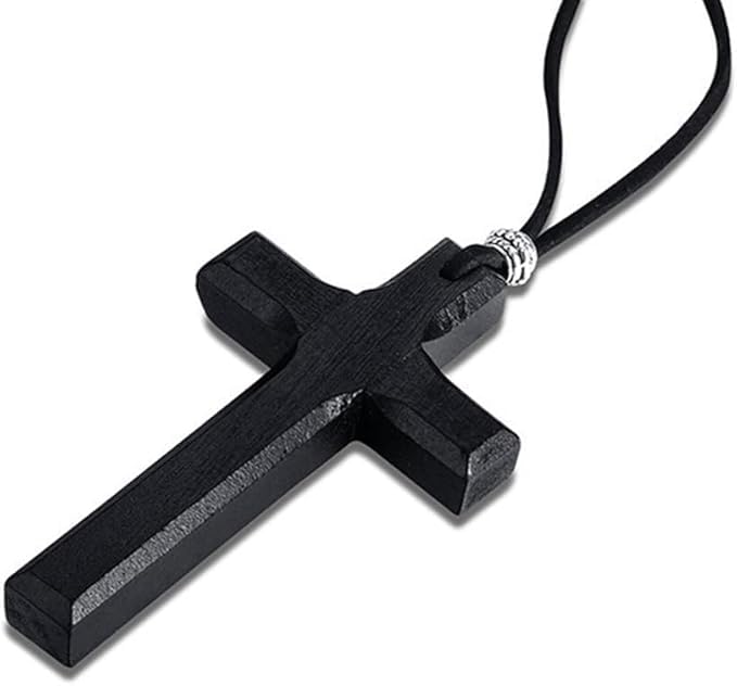 Rockyu ネックレス メンズ 木製 クロス チャーム 十字架 ロング紐 カジュアル 立体デザイン