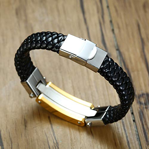 Rockyu ブレスレット メンズ レザー ブラック 十字架 ステンレス 革製バングル シンプル 腕輪