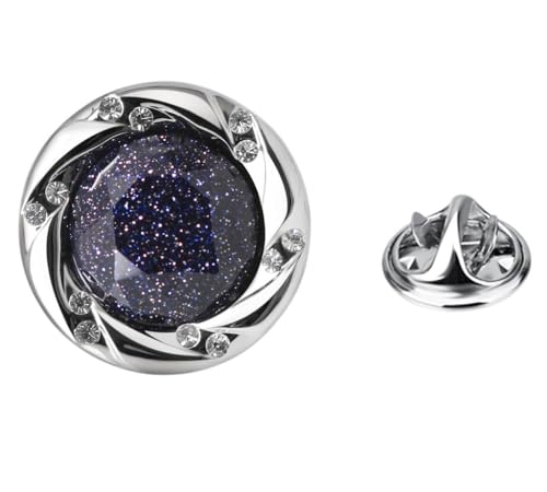 Rockyu ブローチ メンズ ブルーサンドストーン ステンレス ラウンド スーツピン 17mm フォーマル 結婚式 ビジネス