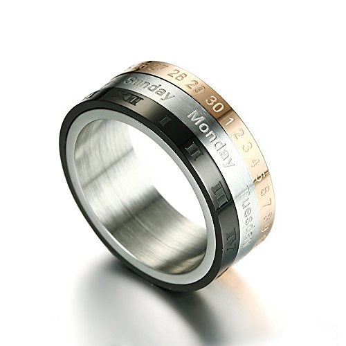 Rockyu 回転リング メンズ ステンレス製 8mm幅 ローマ数字＆曜日刻印 ブラック×ローズゴールド
