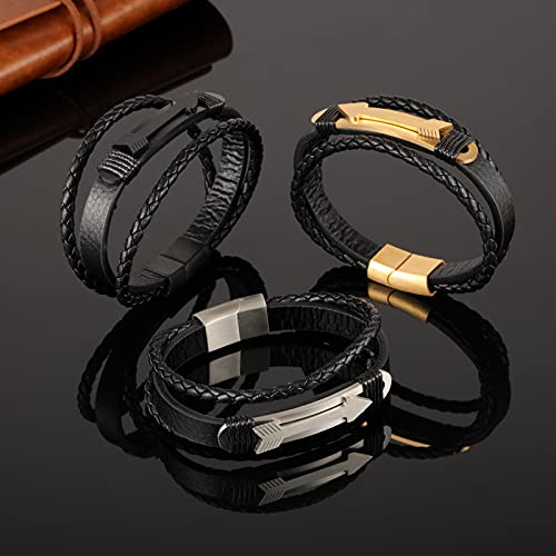 Rockyu ブレスレット メンズ 本革 多重編み込み 矢印モチーフ ゴールド＆シルバー アジアン風