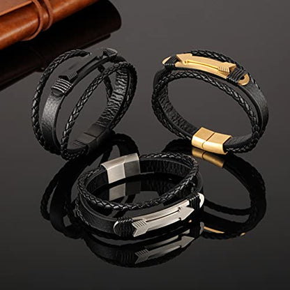 Rockyu ブレスレット メンズ 本革 多重編み込み 矢印モチーフ ゴールド＆シルバー アジアン風